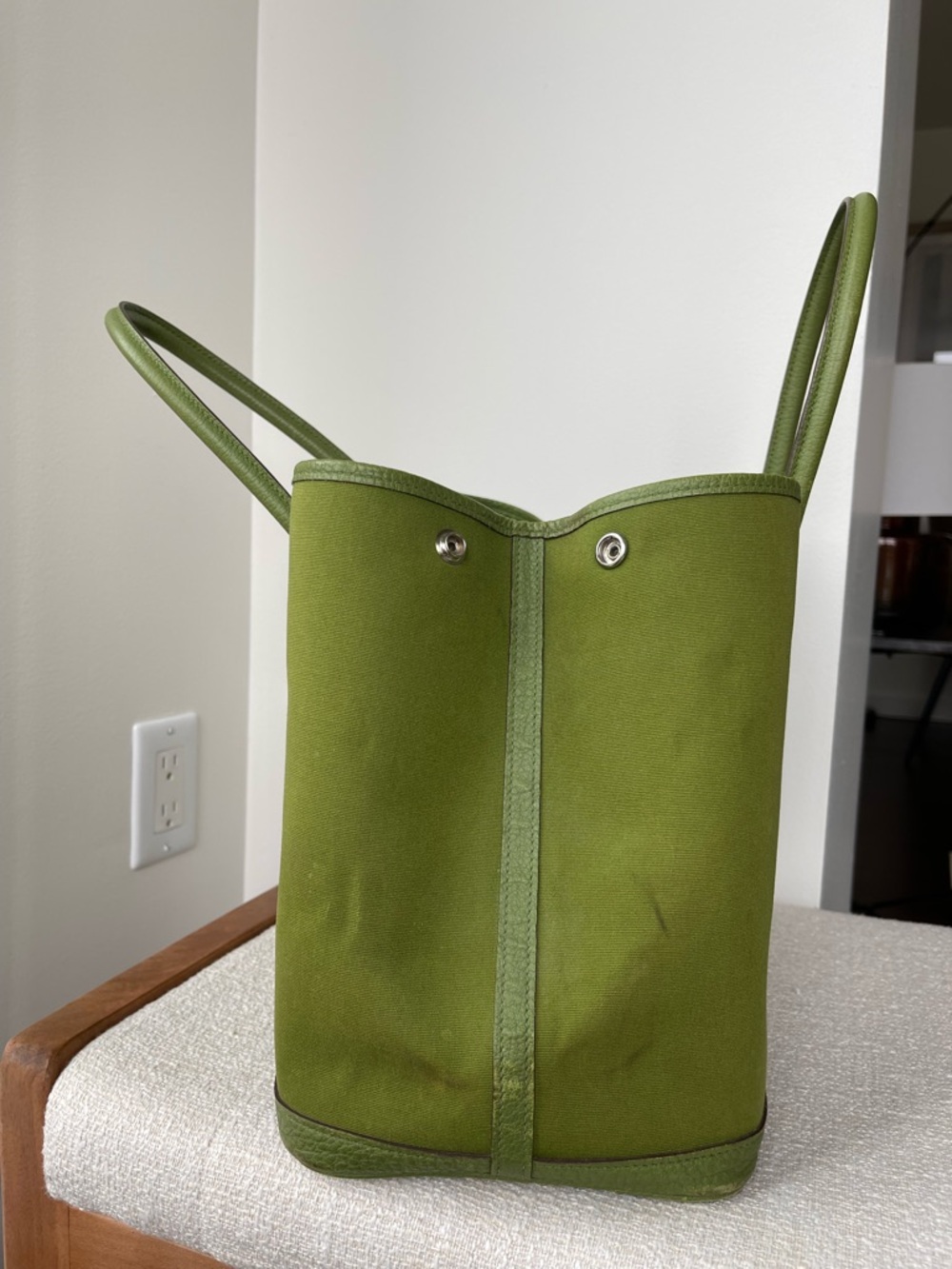 Auth Hermes Rare Olive Green Canvas Tote Bag with Leather Trim - Picture 6 of 12